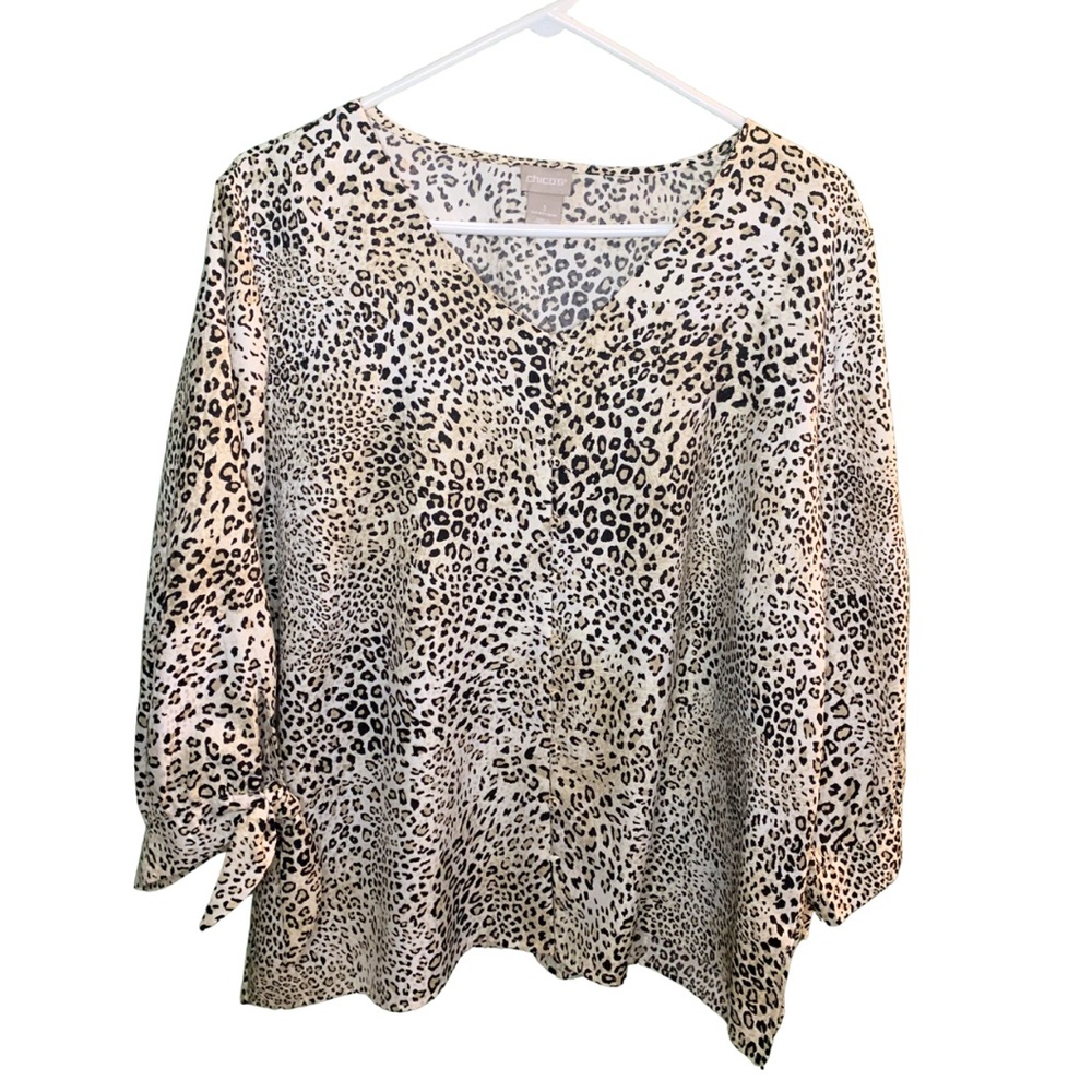 Chicos Leopard Animal Print Blouse Sleeves Cream Black XL Top Mobwife Old Money